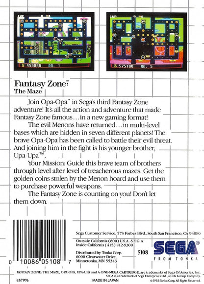 Fantasy Zone: The Maze Sega Master System SMS for arcade maze action video game fans featuring colorful maze levels Opa-Opa gameplay enemy encounters power ups collectible items challenging stages fast paced arcade action and classic Sega Master System gameplay collectible retro gaming appeal back cover art