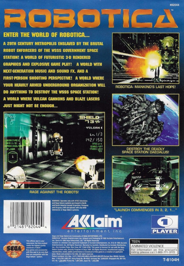 Robotica Sega Saturn first person sci fi shooter dungeon crawler cyberpunk setting procedural environments robot enemies exploration survival gameplay atmospheric futuristic combat retro gaming Sega Saturn software video game title back cover art