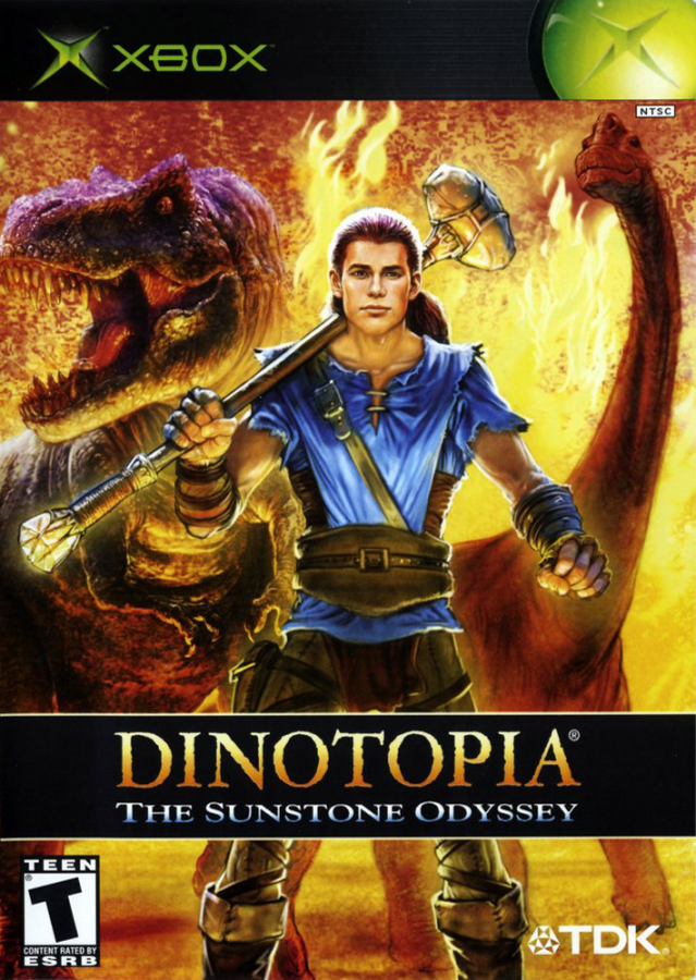 Dinotopia Sunstone Odyssey retro Xbox video game Dinotopia fantasy adventure dinosaur world exploration action puzzle solving story driven console title Xbox release cover art