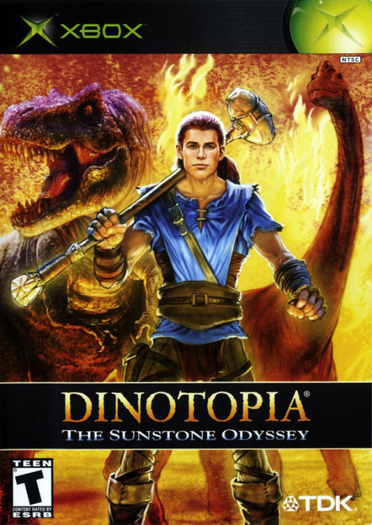 Dinotopia Sunstone Odyssey retro Xbox video game Dinotopia fantasy adventure dinosaur world exploration action puzzle solving story driven console title Xbox release cover art