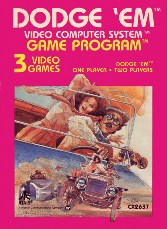 Dodge Em text label cover art for Atari 2600 video game
