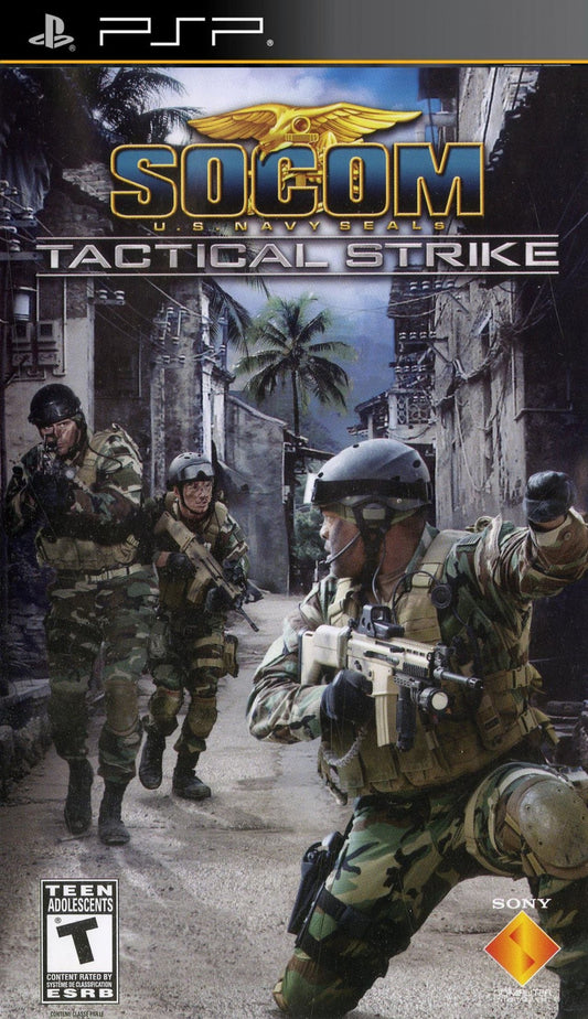 SOCOM U.S. Navy SEALs Tactical Strike PlayStation Portable PSP video game, tactical strategy action, squad-based military gameplay, handheld console title front cover