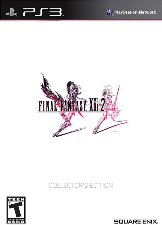 Retro Final Fantasy XIII 2 PS3 inspired design featuring futuristic JRPG fantasy aesthetic HD era time travel adventure Lightning and Serah sci fi worlds cinematic storytelling fast paced battle system nostalgic Square Enix role playing presentation cover art 
