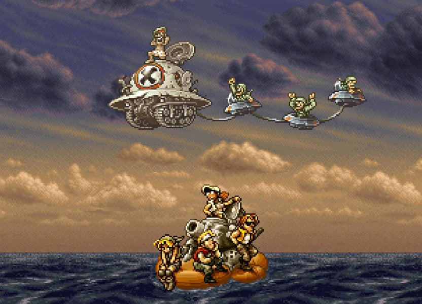 Metal Slug 3 Xbox run and gun arcade shooter video game SNK Neo Geo side-scrolling action multiple branching paths player selectable characters Marco Eri Fio Germi Tarma Roving heavy machine gun shotgun flame shot rocket launcher enemy vehicles slug tank flying submarine camel slave zombie transformation aliens mummies yetis hidden missions unlimited continues cooperative gameplay classic 2D sprite animation challenging difficulty gameplay screenshot