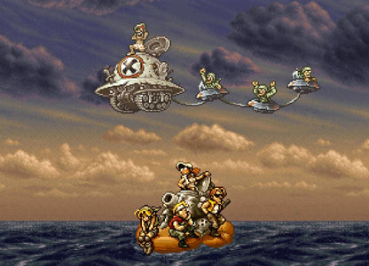 Metal Slug 3 Xbox run and gun arcade shooter video game SNK Neo Geo side-scrolling action multiple branching paths player selectable characters Marco Eri Fio Germi Tarma Roving heavy machine gun shotgun flame shot rocket launcher enemy vehicles slug tank flying submarine camel slave zombie transformation aliens mummies yetis hidden missions unlimited continues cooperative gameplay classic 2D sprite animation challenging difficulty gameplay screenshot