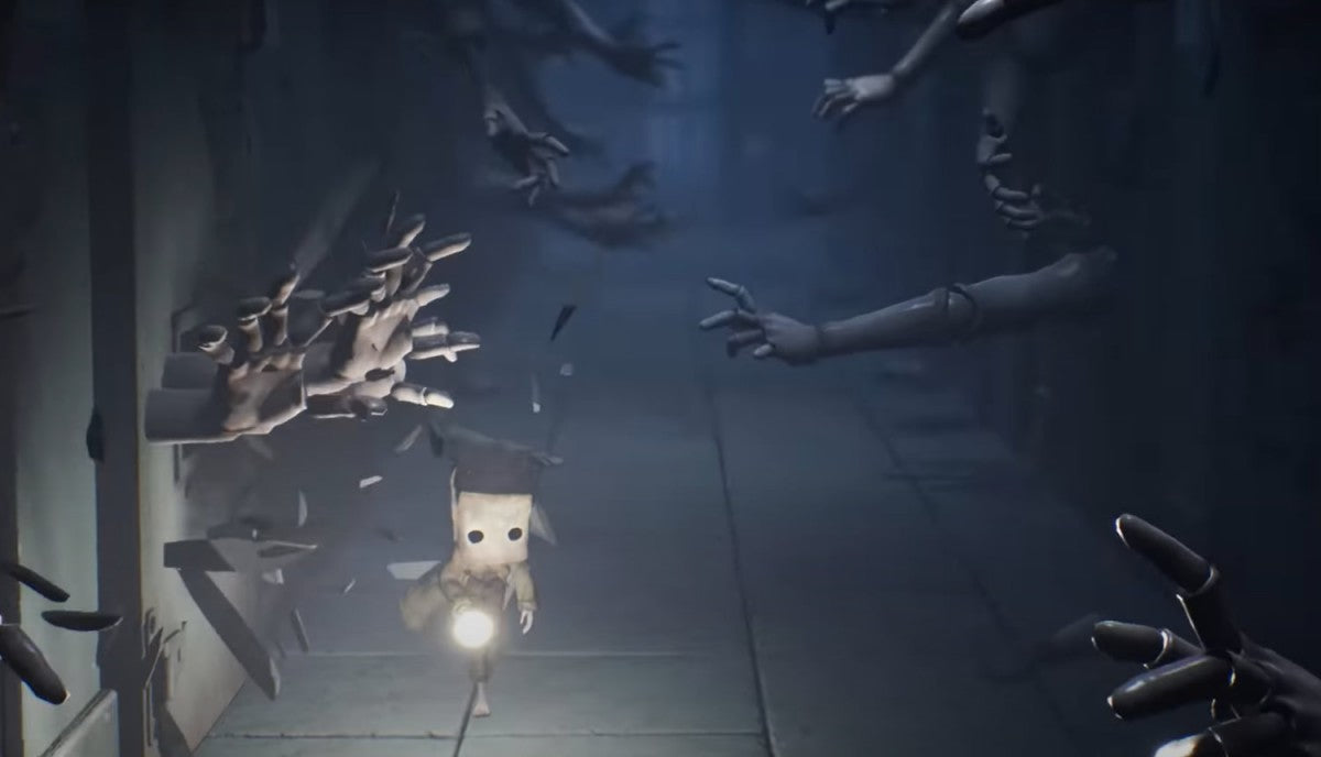 Little Nightmares II Nintendo Switch horror puzzle platformer following Mono and Six through the Pale City running from the Hunter Teacher and Thin Man gameplay