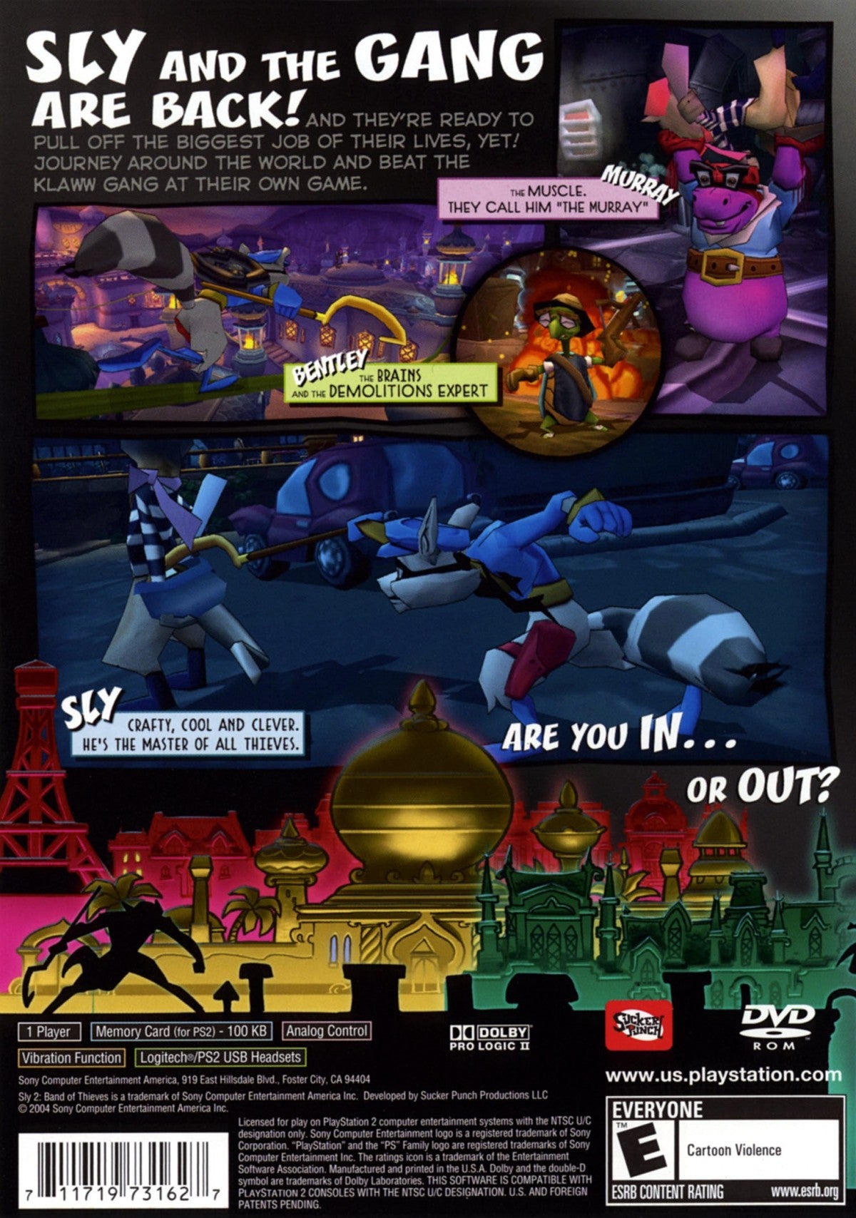 Sly 2 Band of Thieves PS2 Sony PlayStation 2 stealth platformer action adventure Sly Cooper gang heist missions Cooper Gang Bentley Murray cartoony cel shaded gameplay open world levels sneaking platforming PlayStation 2 software video game title back cover art