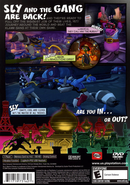 Sly 2 Band of Thieves PS2 Sony PlayStation 2 stealth platformer action adventure Sly Cooper gang heist missions Cooper Gang Bentley Murray cartoony cel shaded gameplay open world levels sneaking platforming PlayStation 2 software video game title back cover art