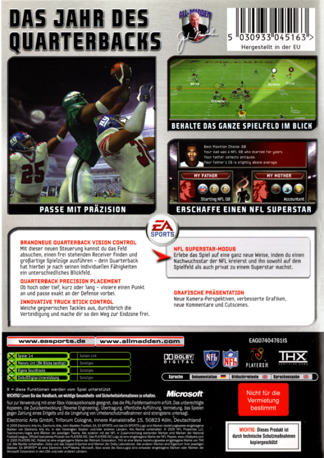 Madden NFL 2006 back cover art for Xbox (XBOX) video game