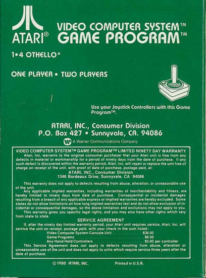 Othello for Atari 2600, back of case for a strategy board video game with turn-based gameplay, classic tile-flipping mechanics, competitive logic challenges, and retro tabletop gameplay 