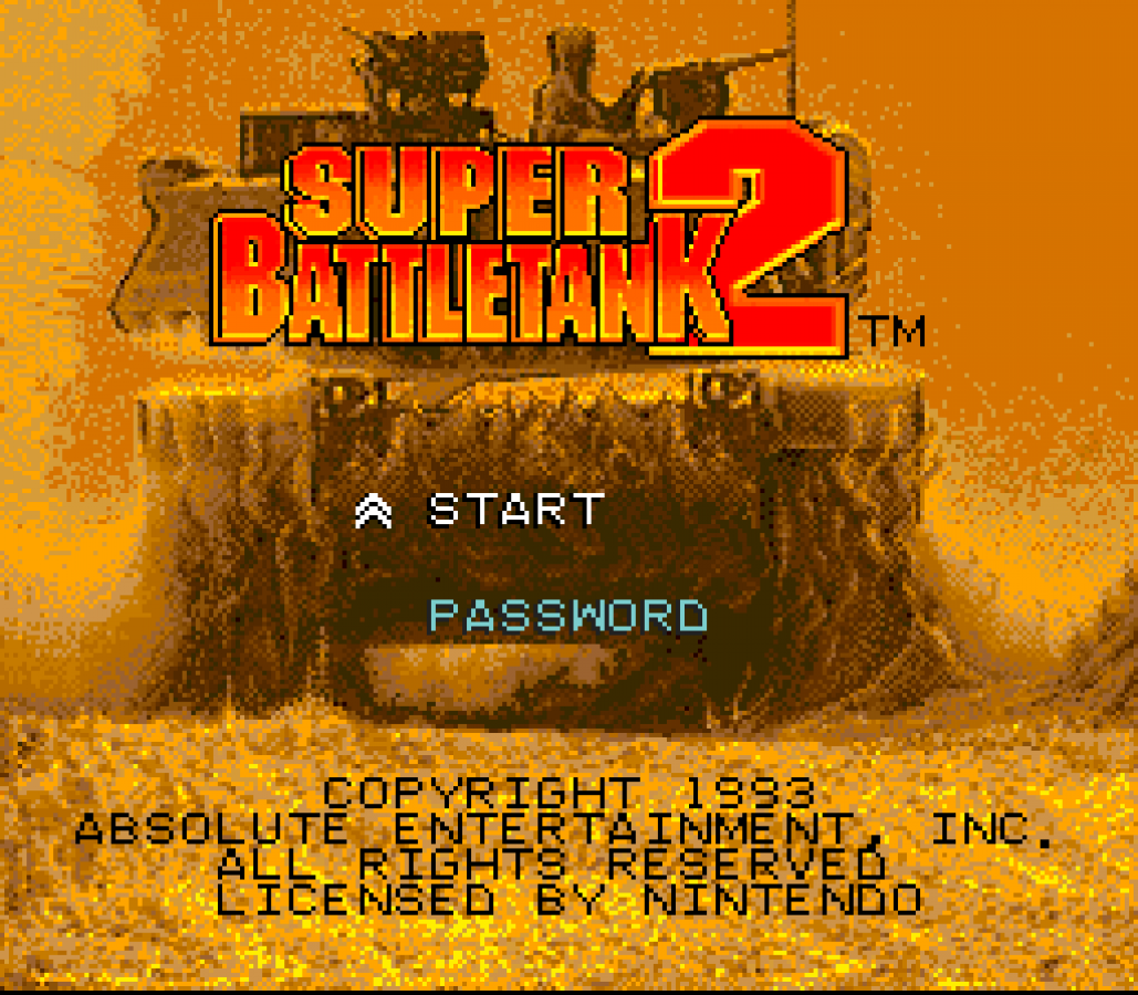 Super Battletank 2 for Super Nintendo Entertainment System with tank combat and military action theme main menu