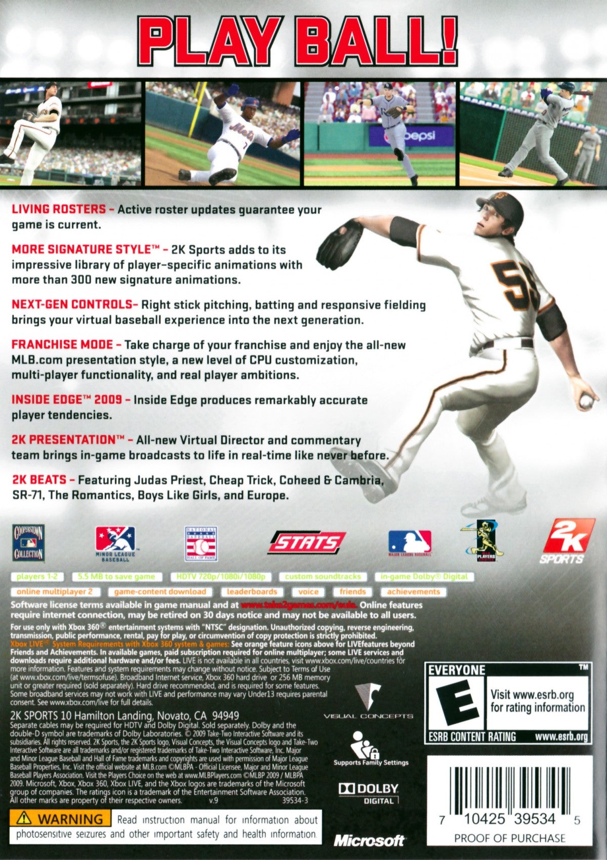 Major League Baseball 2K9 retro Xbox 360 video game featuring baseball simulation gameplay, realistic MLB action, multiplayer sports competition and classic Xbox 360 entertainment - back of case