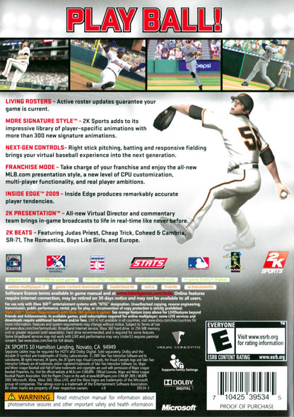 Major League Baseball 2K9 retro Xbox 360 video game featuring baseball simulation gameplay, realistic MLB action, multiplayer sports competition and classic Xbox 360 entertainment - back of case