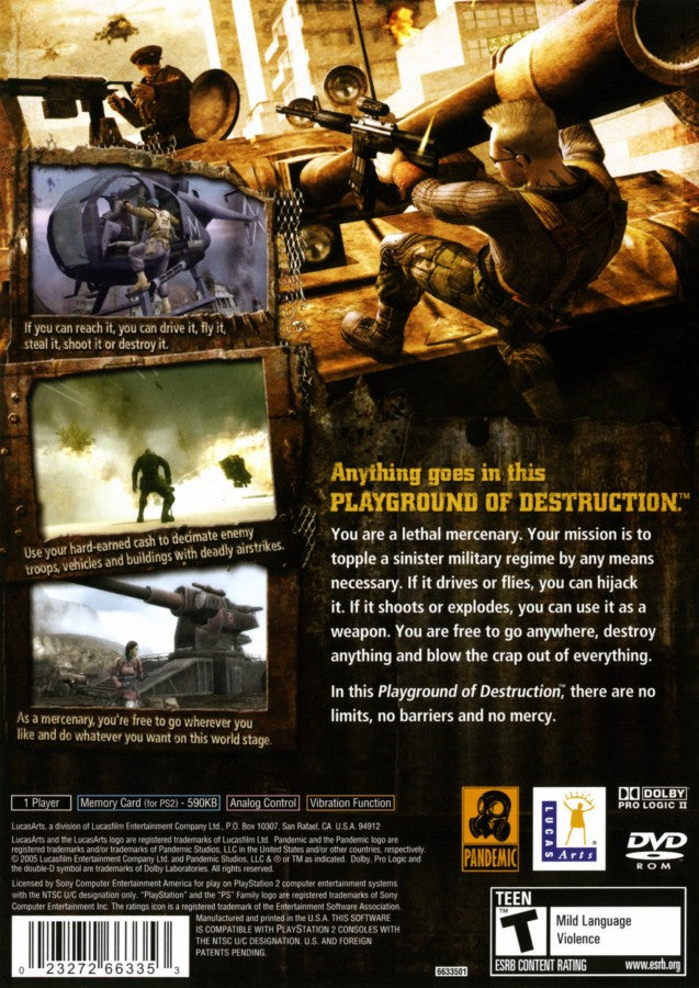Mercenaries: Playground of Destruction PlayStation 2 back cover art featuring explosive open-world combat with soldiers, vehicles, and destructible environments.