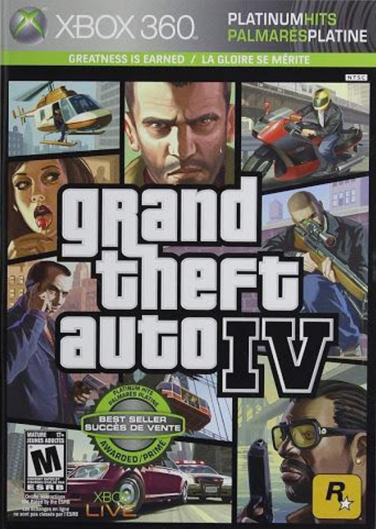Grand Theft Auto IV [Platinum Hits] for Xbox 360 (X360) at Gamers INC, featuring Rockstar’s groundbreaking open-world crime epic starring Niko Bellic in Liberty City, with a gritty cinematic story, emergent sandbox gameplay, intense gunfights and driving, and robust multiplayer modes in a definitive budget-friendly Platinum Hits release front cover
