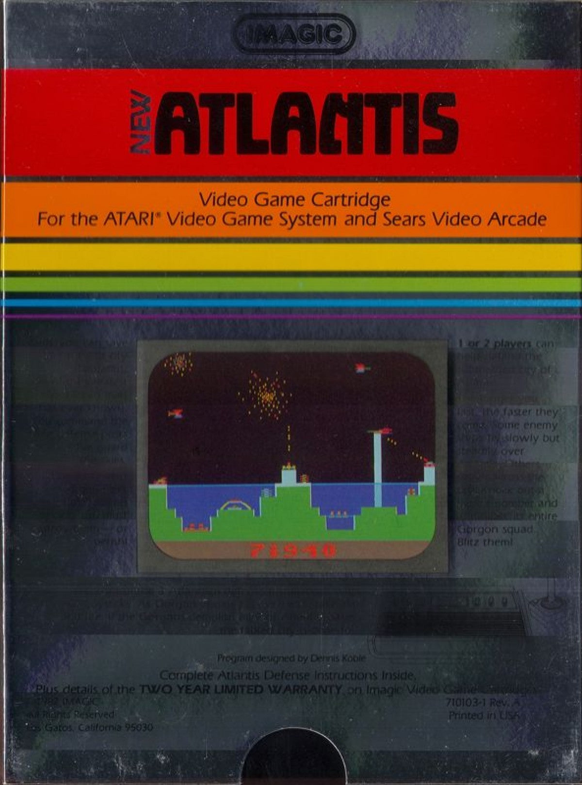 Atlantis retro Atari 2600 video game featuring arcade defense gameplay, futuristic city battles, alien attacks and classic Atari action - back of case