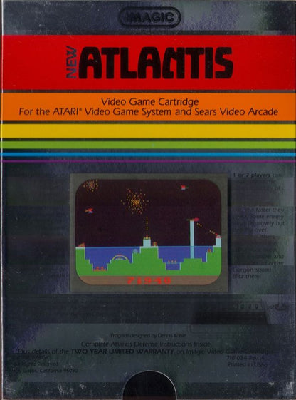 Atlantis retro Atari 2600 video game featuring arcade defense gameplay, futuristic city battles, alien attacks and classic Atari action - back of case