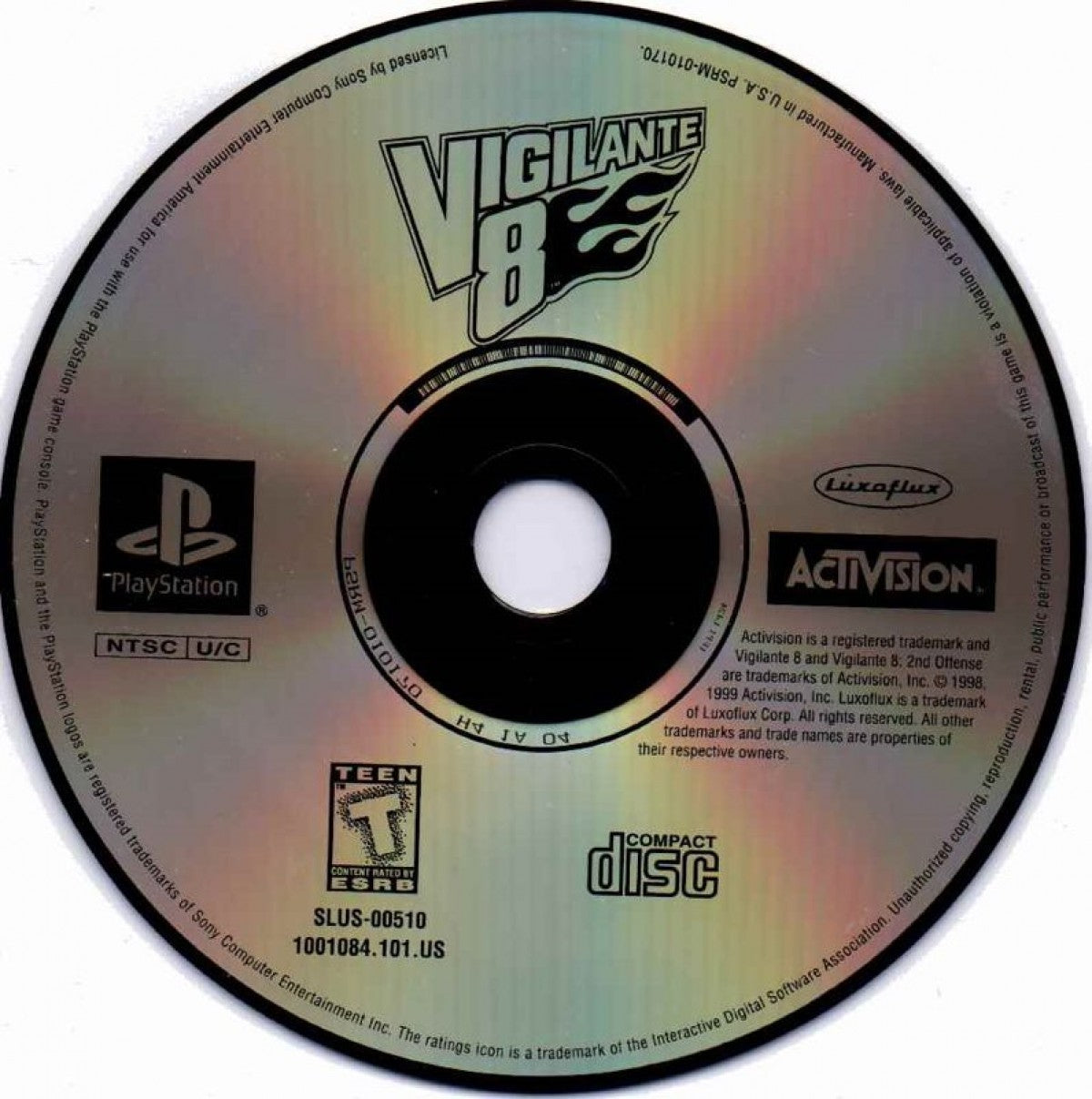 Vigilante 8 [Greatest Hits] disc cover for PlayStation 1 (PS1) racing video game. 