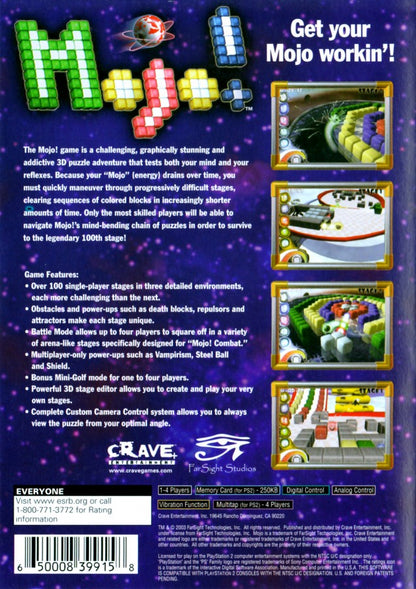 Mojo! gameplay back cover art for PlayStation 2 (PS2) featuring puzzle‑based gameplay with physics‑driven challenges, colorful 3D mazes, and fast arcade action.