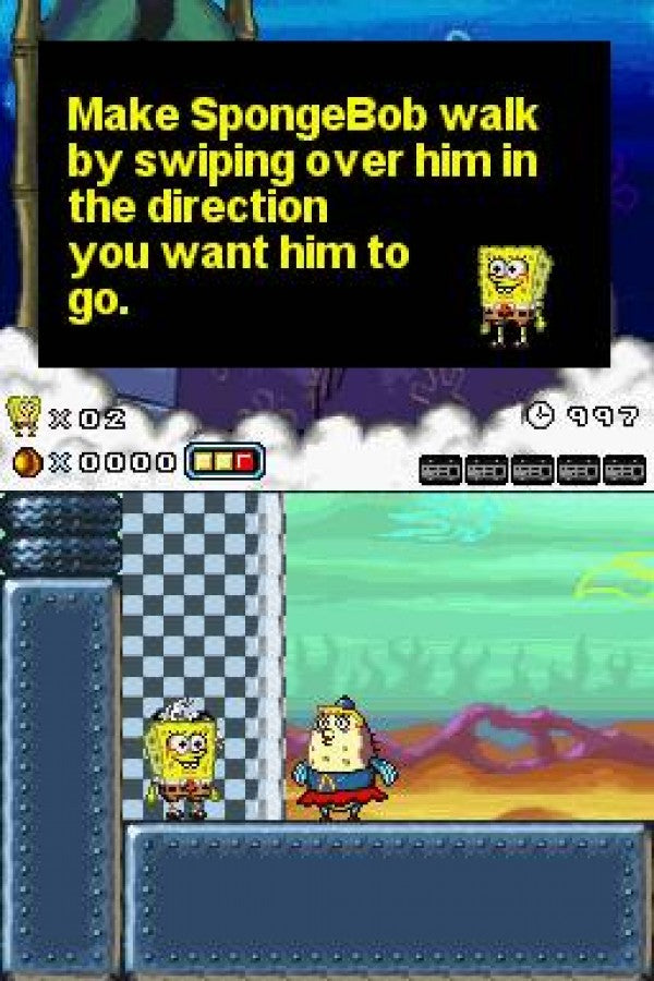 SpongeBob SquarePants Creature from the Krusty Krab Nintendo DS DS action adventure game featuring SpongeBob Patrick and Plankton surreal levels platforming challenges flying sequences boss battles and Nickelodeon cartoon gameplay retro video game collection collectible gaming appeal gameplay screenshot