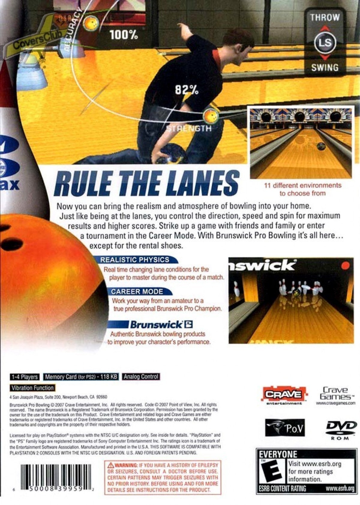 Brunswick Pro Bowling for PlayStation 2 with realistic bowling simulation and sports gameplay theme back cover art