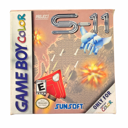 Project S-11 Game Boy Color GBC video game featuring vertical scrolling shoot em up gameplay spaceship combat enemy waves power ups challenging stages boss battles and classic handheld arcade action retro video game collection collectible gaming appeal cover art 