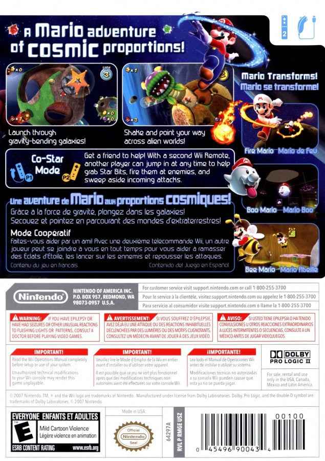 Super Mario Galaxy – Nintendo Wii (Wii) 3D platformer action-adventure video game back of case