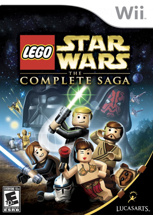 LEGO Star Wars The Complete Saga Wii game featuring family-friendly action adventure gameplay, cooperative play, and the full classic Star Wars saga in LEGO form cover art