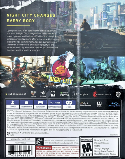 Cyberpunk 2077 – PlayStation 4 (PS4) video game back of case, open-world RPG by CD Projekt Red