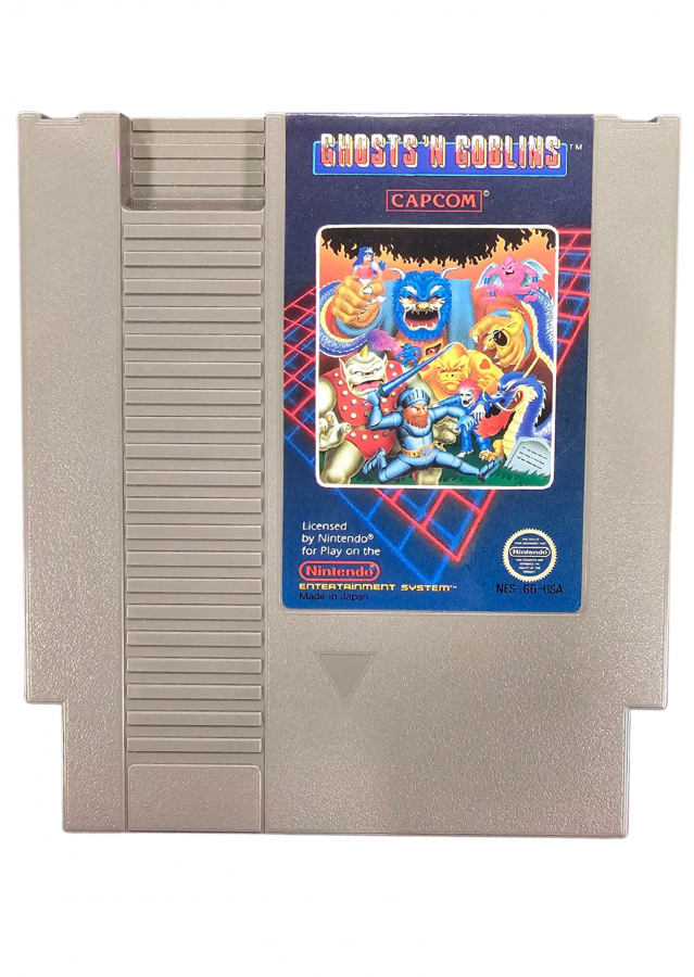 Ghosts n Goblins Nintendo Entertainment System NES video game featuring action platforming gameplay Arthur knight adventure monster battles haunted environments weapon attacks challenging levels boss fights and classic 8 bit Nintendo gameplay retro video game collection collectible gaming appeal game cartridge