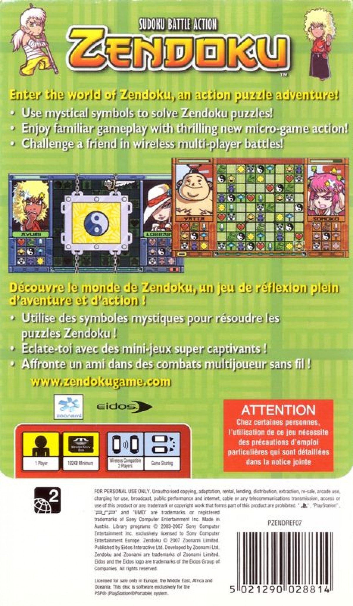 Zendoku PlayStation Portable PSP inspired design featuring puzzle strategy gameplay aesthetic colorful dragon themed challenges tile matching mechanics fast paced brain teasing action vibrant fantasy visuals and portable handheld gaming presentation back cover
