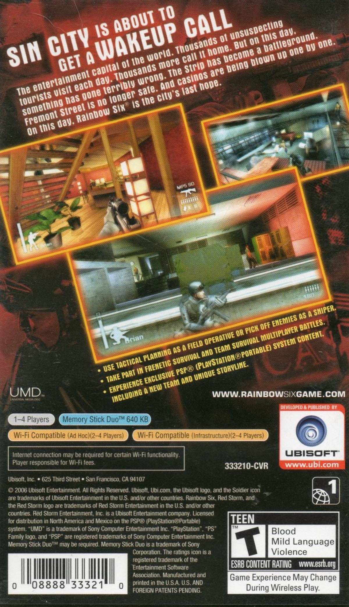 Tom Clancy's Rainbow Six: Vegas – back of case for PlayStation Portable (PSP) tactical shooter game