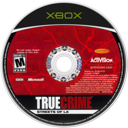 True Crime Streets of LA Xbox open-world action video game predecessor to Sleeping Dogs Los Angeles setting police detective Nick Kang branching morality system good cop bad cop choices driving shooting hand-to-hand combat licensed hip-hop soundtrack gang territories investigative missions Activision sandbox crime thriller disc