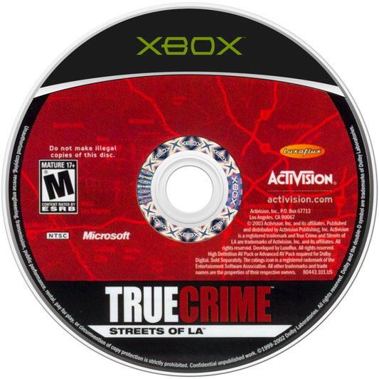 True Crime Streets of LA Xbox open-world action video game predecessor to Sleeping Dogs Los Angeles setting police detective Nick Kang branching morality system good cop bad cop choices driving shooting hand-to-hand combat licensed hip-hop soundtrack gang territories investigative missions Activision sandbox crime thriller disc