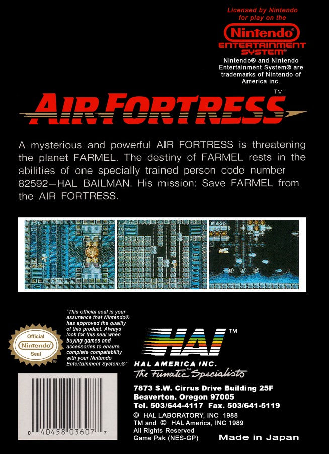 Air Fortress Complete in Box CIB Nintendo Entertainment System NES for retro video game enthusiasts featuring action shooter gameplay side scrolling space combat fortress infiltration maze exploration futuristic weapons challenging missions complete in box collectible gaming appeal back cover