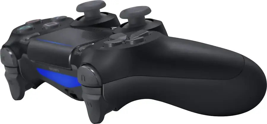 Black Sony DualShock 4 wireless controller for PlayStation 4 featuring touchpad, light bar, analog sticks, and ergonomic design