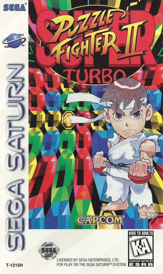 Super Puzzle Fighter II Turbo PS1 and Sega Saturn Capcom puzzle fighting game gem matching mechanics Street Fighter Darkstalkers chibi characters competitive versus gameplay chain combos retro gaming software video game title cover art