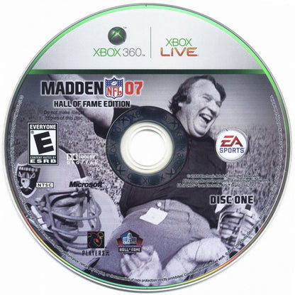 Madden NFL 07 Hall of Fame Edition Xbox 360 football game featuring official NFL teams and players enhanced running controls Franchise Mode Superstar Mode online multiplayer ESPN presentation and exclusive Hall of Fame content celebrating legendary NFL players in this special edition by EA Sports disc 1