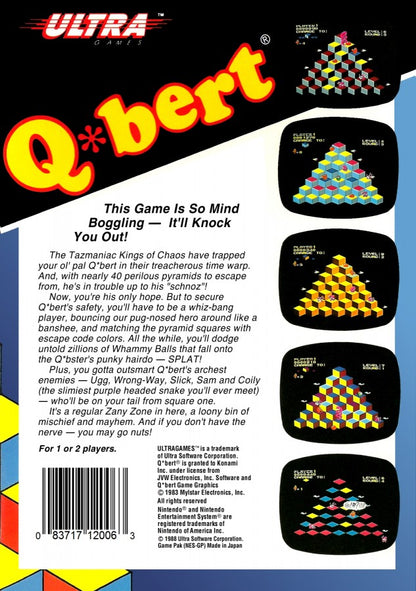 Q*bert cartridge for the Nintendo Entertainment System featuring 8 bit arcade puzzle action with isometric hopping gameplay changing cube colors while avoiding enemies and obstacles back cover