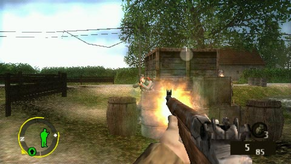 Brothers in Arms D-Day for PlayStation Portable, gameplay for a tactical first-person shooter video game with World War II combat, squad-based gameplay, mission objectives, and military strategy