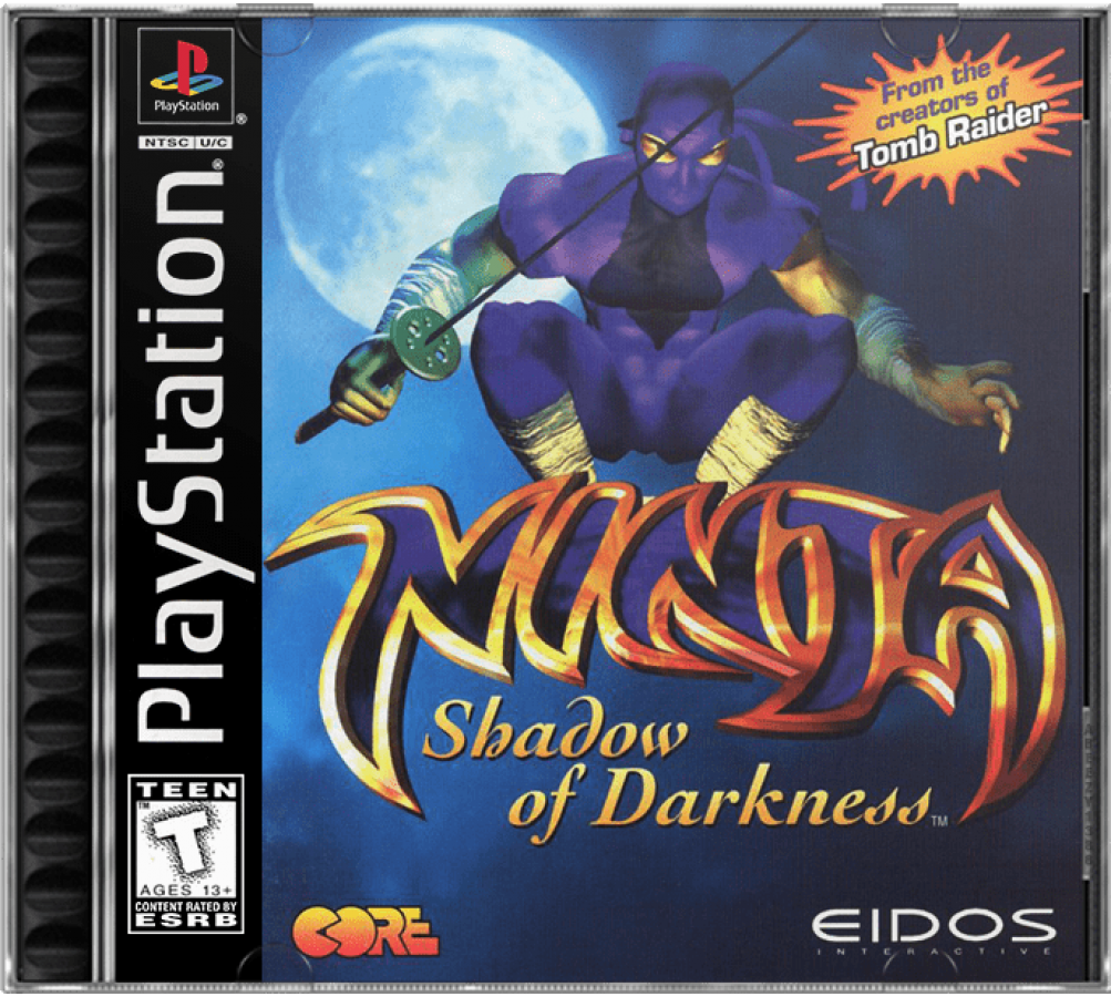Ninja Shadow of Darkness game for the PlayStation featuring action hack and slash gameplay with platforming elements as a ninja warrior battles enemies using swords shuriken and special abilities across dark themed levels front cover