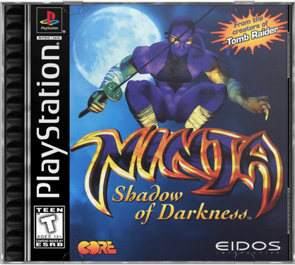 Ninja Shadow of Darkness game for the PlayStation featuring action hack and slash gameplay with platforming elements as a ninja warrior battles enemies using swords shuriken and special abilities across dark themed levels front cover