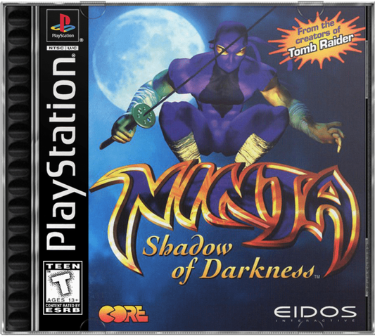 Ninja Shadow of Darkness game for the PlayStation featuring action hack and slash gameplay with platforming elements as a ninja warrior battles enemies using swords shuriken and special abilities across dark themed levels front cover