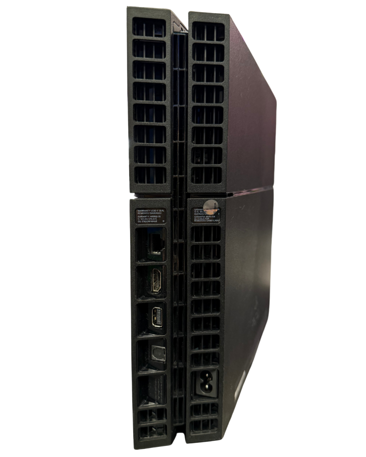 Rear view of a matte black Sony PS4 console showing power input, HDMI and USB ports, Ethernet port, and ventilation grilles.