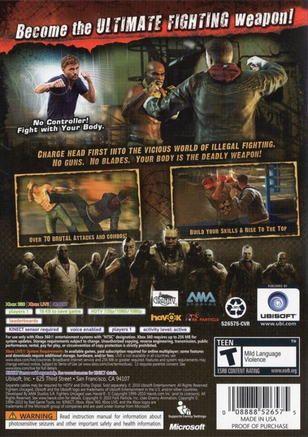 Fighters Uncaged back of case for Xbox 360 (X360) motion-controlled fighting video game
