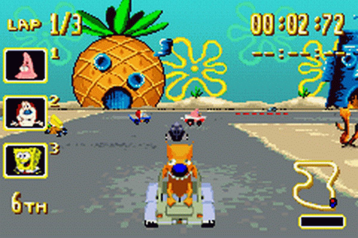 Nicktoons Racing for Game Boy Advance, gameplay for a retro video game featuring kart racing gameplay, Nickelodeon character-based competition, track challenges, power-ups, and arcade-style racing action