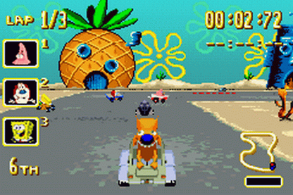 Nicktoons Racing for Game Boy Advance, gameplay for a retro video game featuring kart racing gameplay, Nickelodeon character-based competition, track challenges, power-ups, and arcade-style racing action