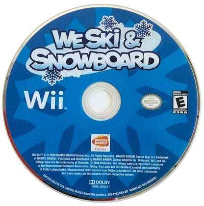 We Ski & Snowboard disc art for Nintendo Wii (Wii) featuring motion‑controlled skiing and snowboarding on expansive mountain slopes, customizable characters, and family‑friendly freestyle and race events.