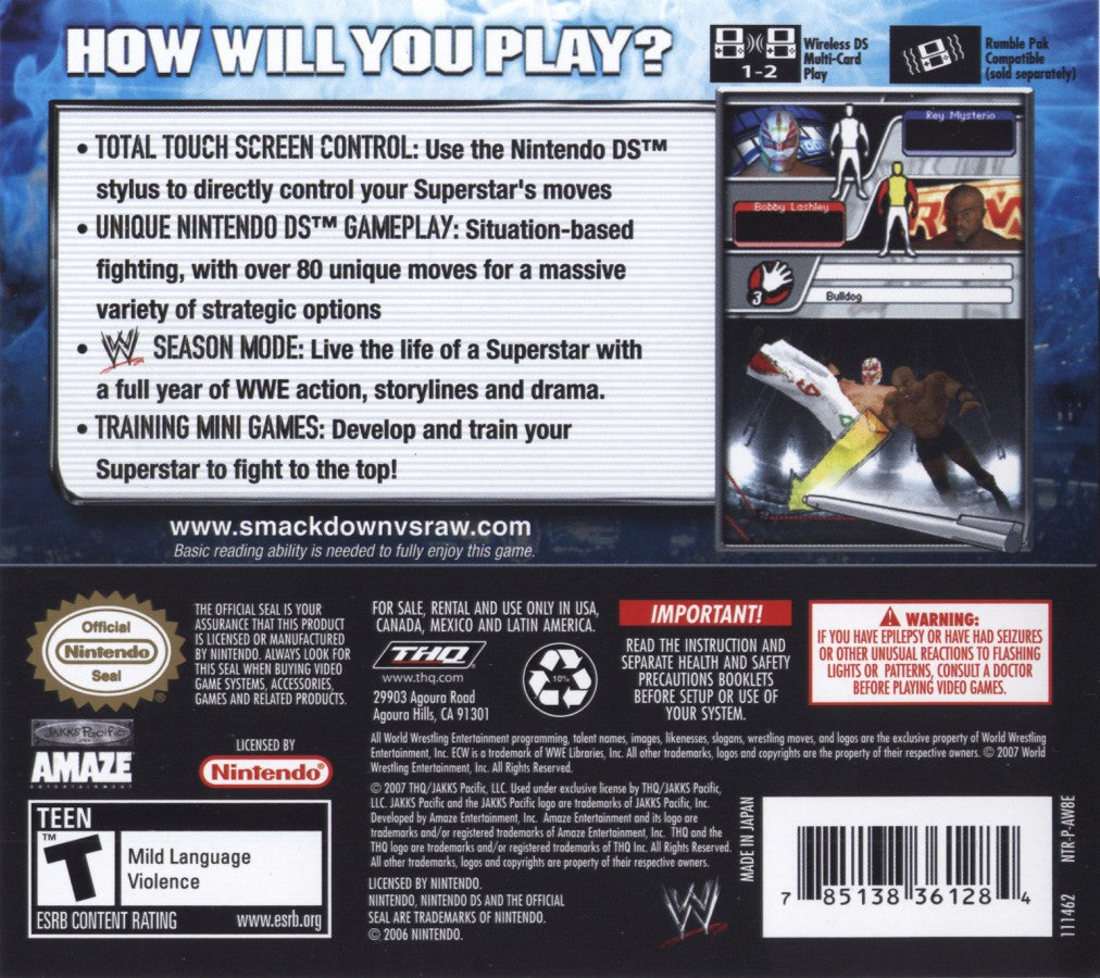 WWE SmackDown vs. Raw 2008 back of case for Nintendo DS (DS) wrestling sports video game