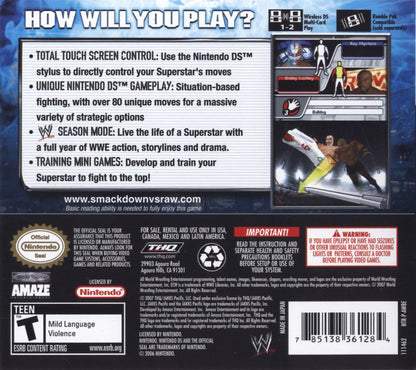 WWE SmackDown vs. Raw 2008 back of case for Nintendo DS (DS) wrestling sports video game